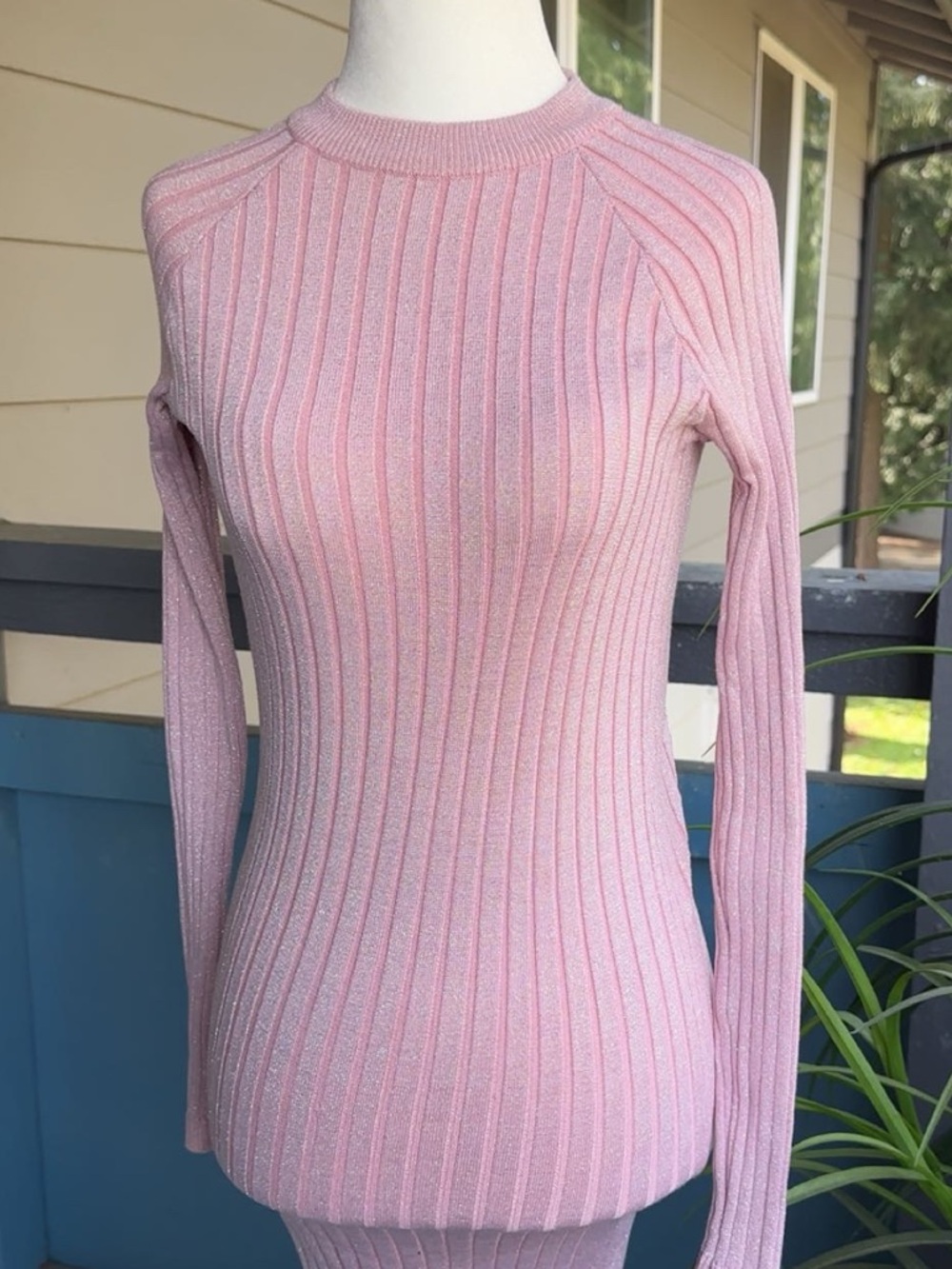 Ribbed Long-Sleeve Knit Dress in Light Pink